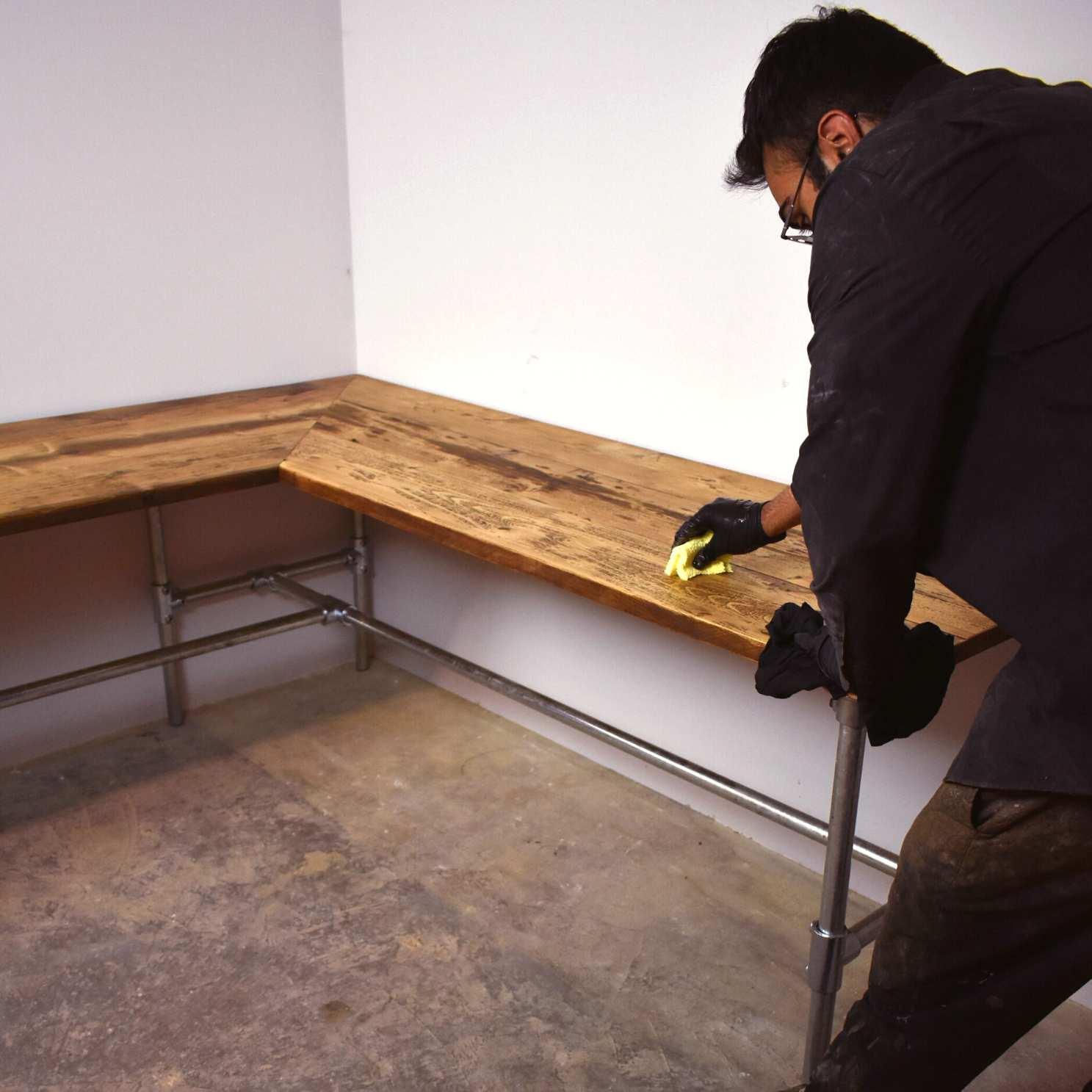 TASMINA: Reclaimed Wood Corner Scaffold Desk + Printer Shelf - RizAndMicaMake
