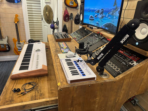 NOVA: Musician's Studio Desk with Rugged Keyboard Tray, Monitor Stand and 6U Racks, 3 Tiered made from Reclaimed Wood