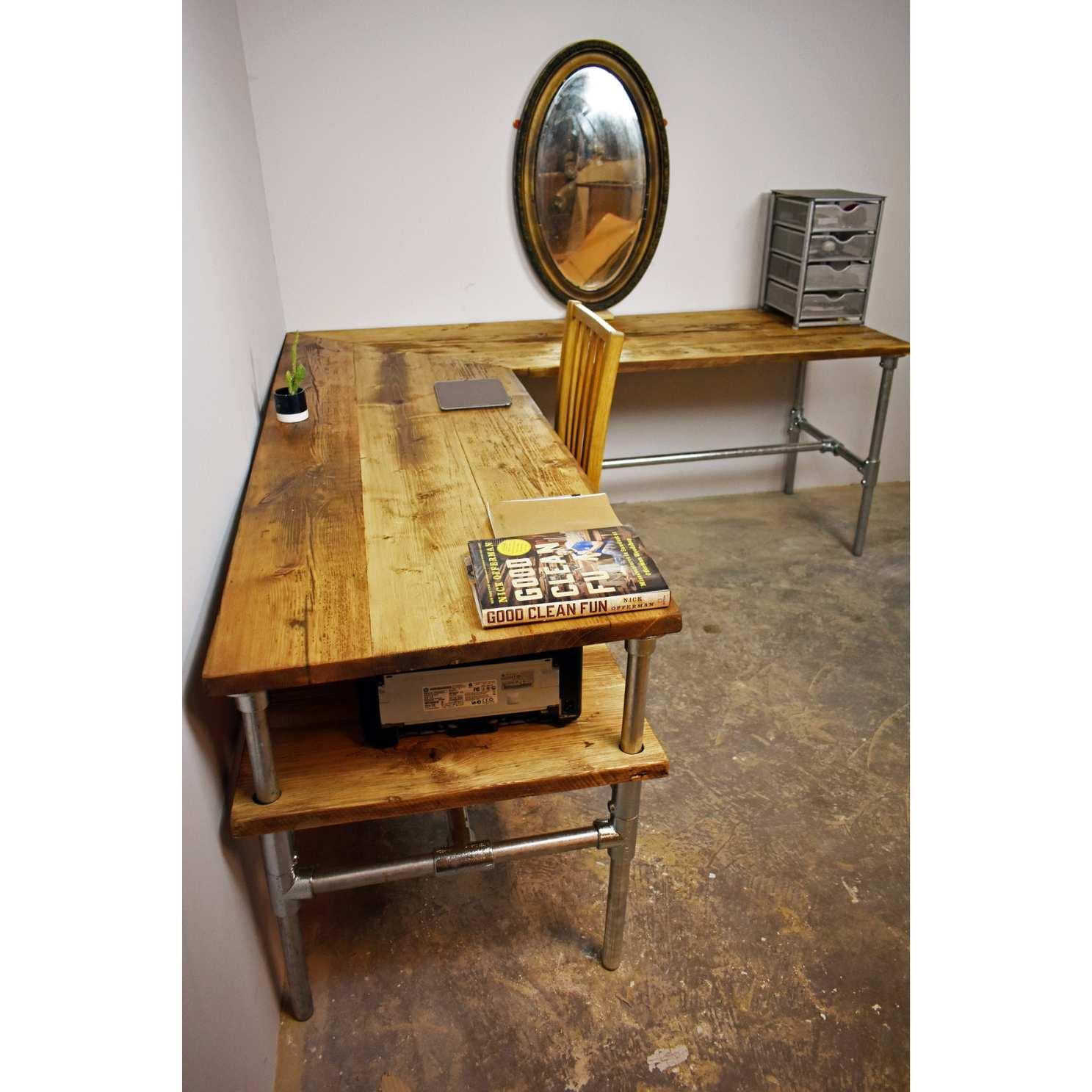 TASMINA: Reclaimed Wood Corner Scaffold Desk + Printer Shelf - RizAndMicaMake