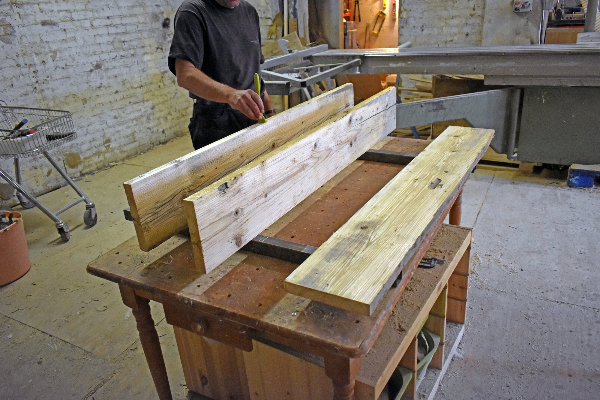 Reclaimed Dining Table with Black Trapezium Legs, Customisable Sizes and Finishes