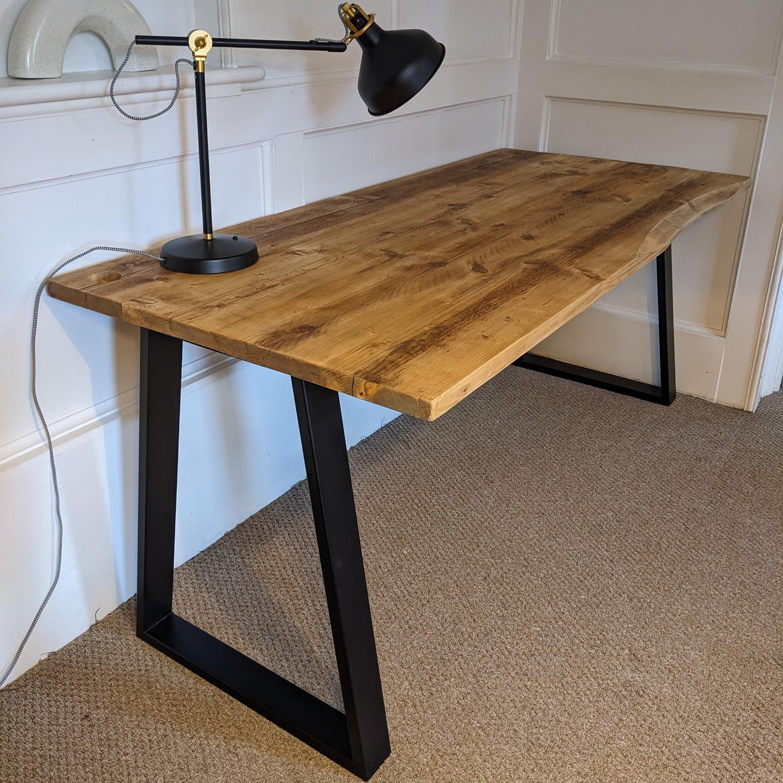 Reclaimed Bevelled Edged Desk with Trapezium Legs and Cabling Holes