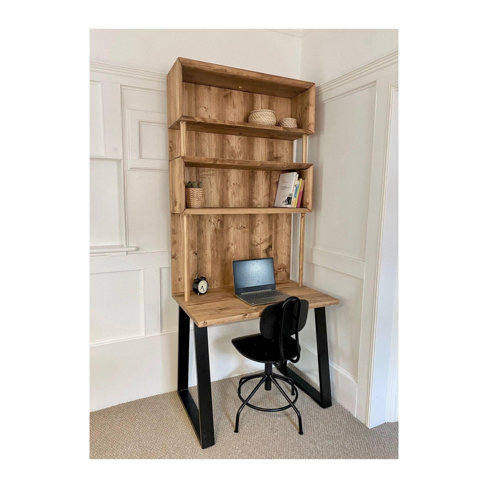 Reclaimed Wood Alcove Office Desk With Black Trapezium Legs and Shelving, CUSTOMISABLE