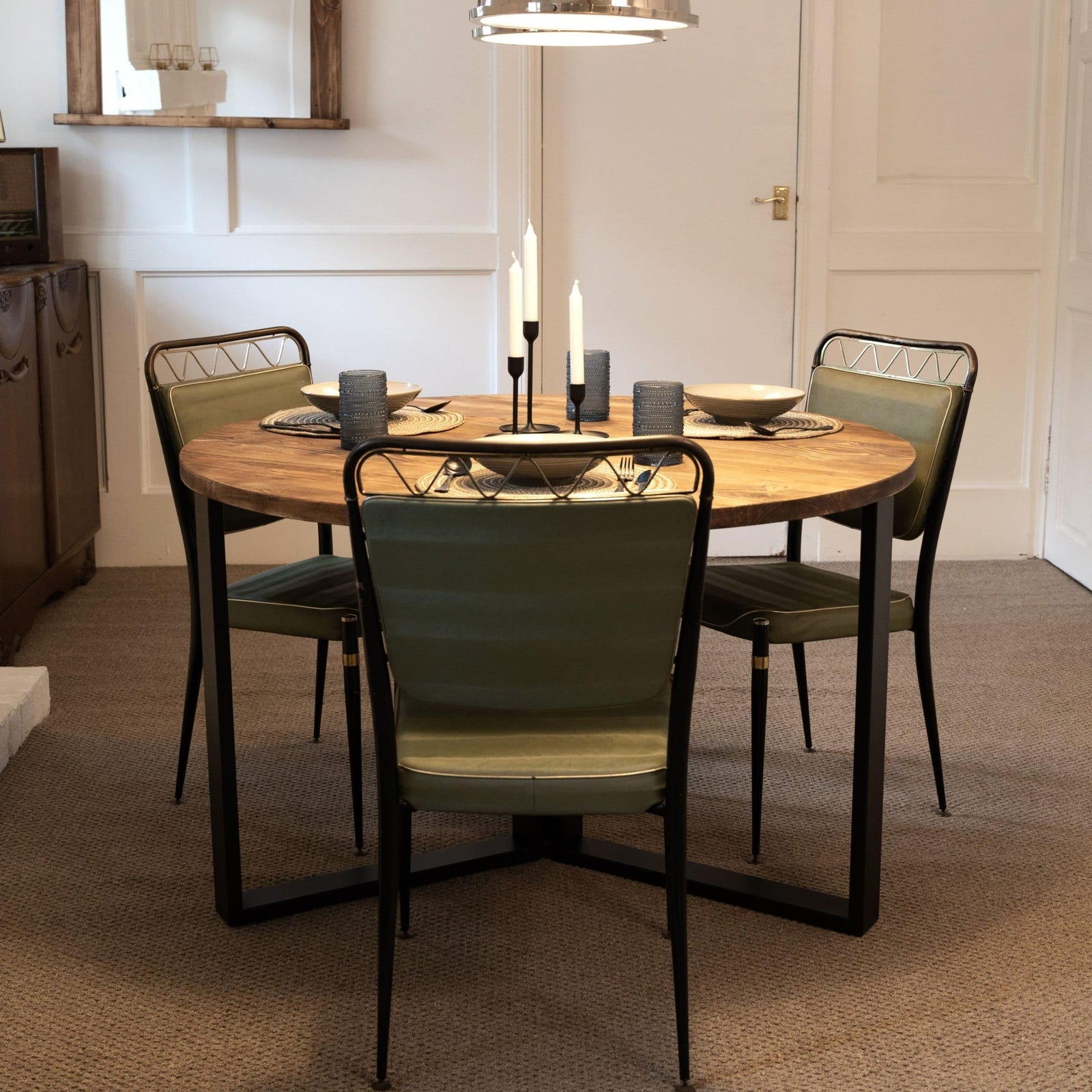 ASTRID: Round Reclaimed Wood Table with Box Steel Legs, Made in the UK